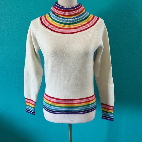 Macy's Turtle Neck Wool Pullover Sweater Ivory W/ Rainbow Trim Vintage Size M - Picture 1 of 5